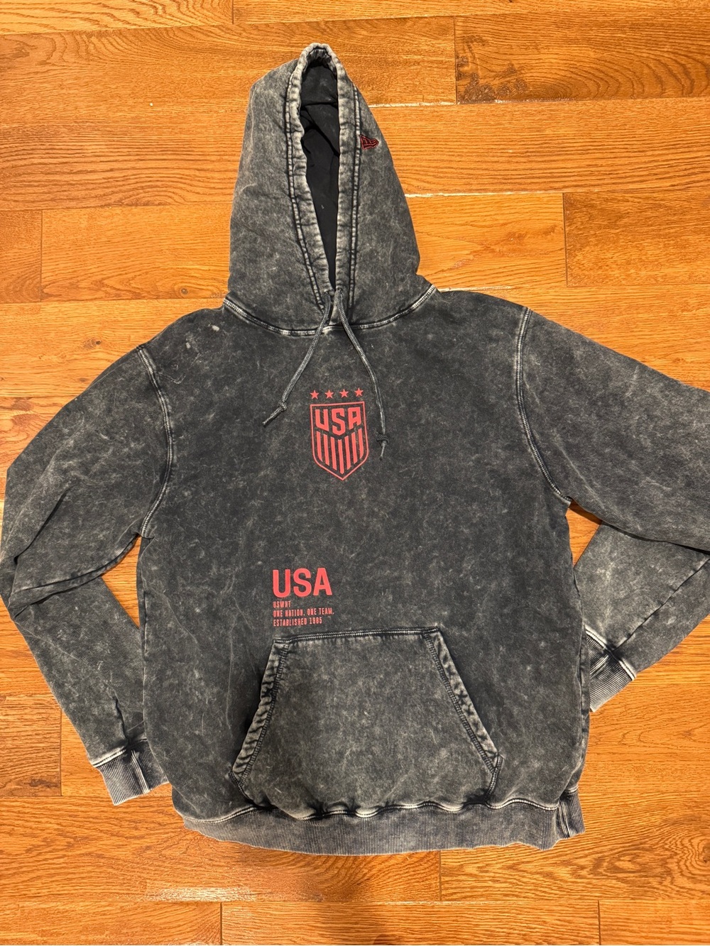 USWNT New Era Black Mineral-Wash Hoodie with Red USA Shield Graphic